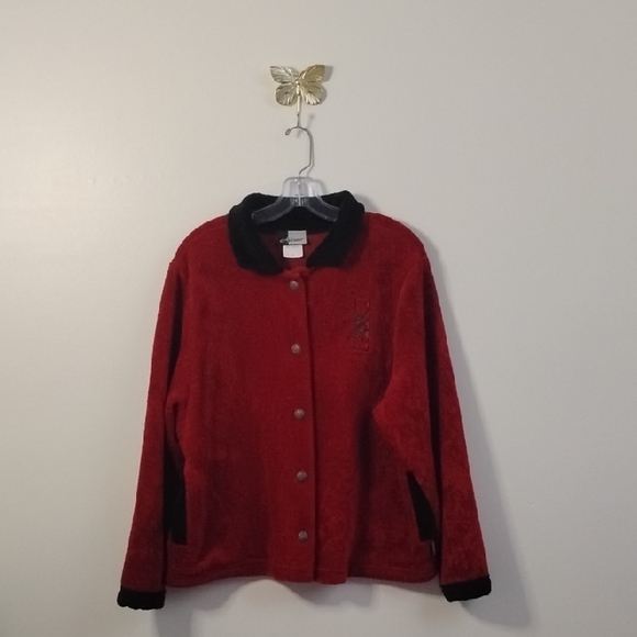 Artisans Jackets & Blazers - Vintage Artisans Women's Red Holiday Pinecone Sweater Jacket with Black Trim